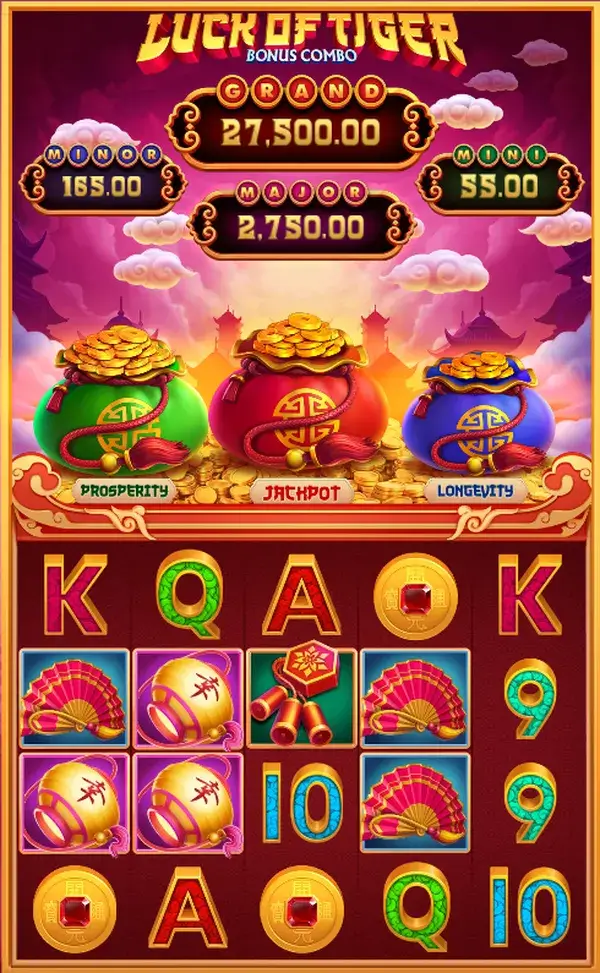 Main game frame with jackpot panel, three bonus pots, and 5-reel 4-row grid