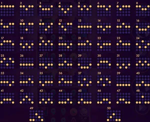 Payline dot maps for 50 fixed paylines on a 4-row reel frame