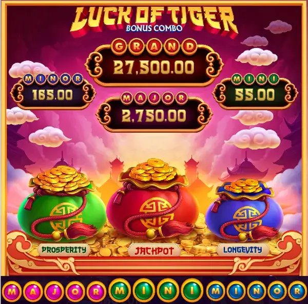 Jackpot header with four jackpot levels and letter set coins for Mini to Grand